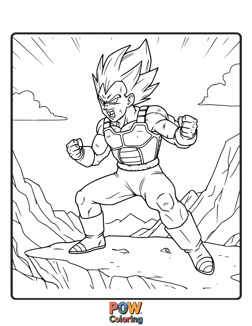 Free coloring page of Vegeta intensely training, focused on strength.