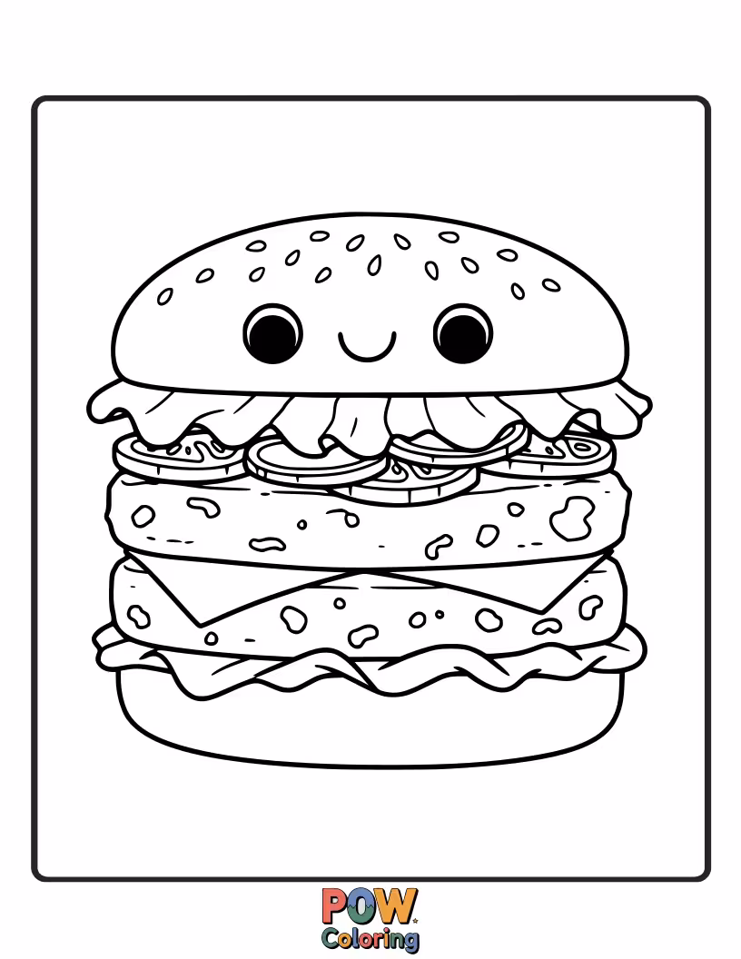 Free coloring page of A wholesome veggie burger with fresh vegetables like sprouts, avocado, and a whole wheat bun. Healthy and vibrant.