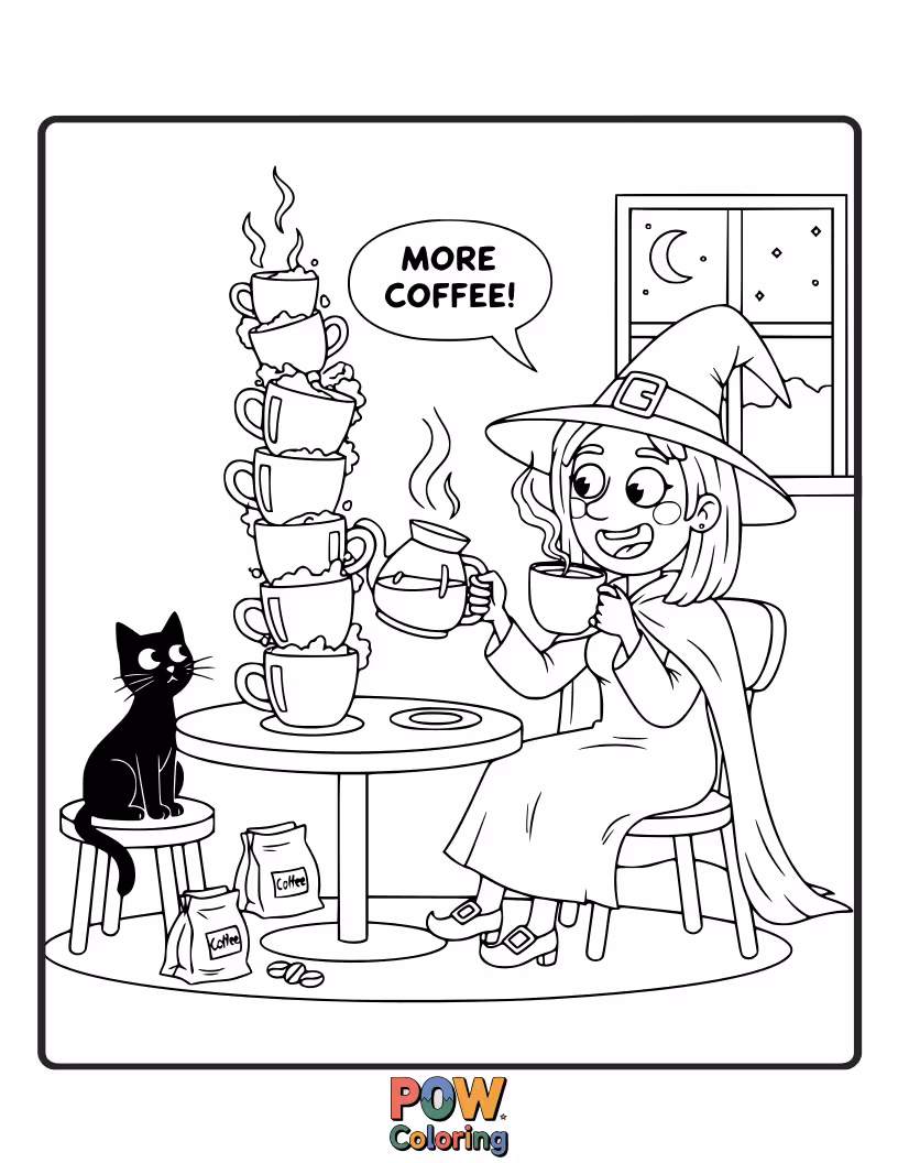 Free coloring page of A witch, looking utterly exhausted, is desperately chugging from an enormous mug labeled "Witchy Brew." Her eyes are wide, powered by caffeine.