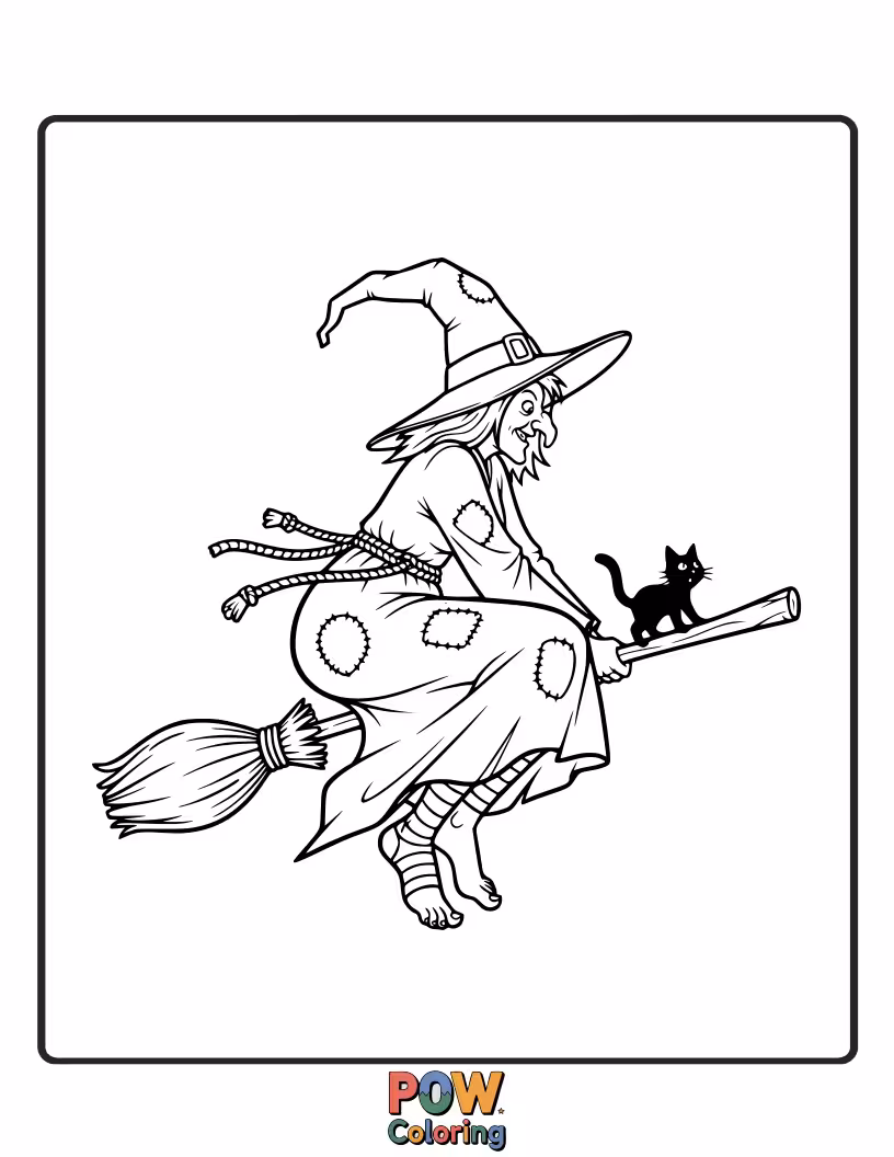 Free coloring page of This fashionable witch has chosen a cauldron as her hat, complete with bubbling green goo. Her outfit is otherwise impeccable, making the hat choice hilarious.