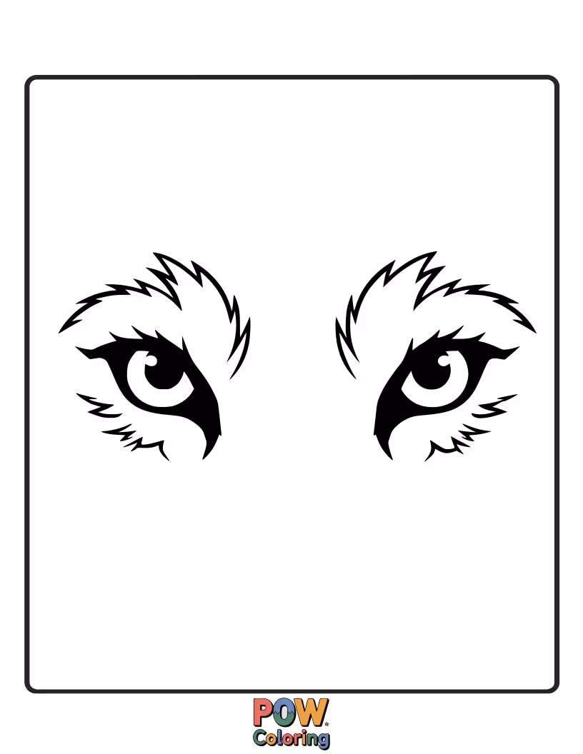 Free coloring page of An intense, detailed close-up of a wolf's piercing, intelligent eyes, capturing its spirit.