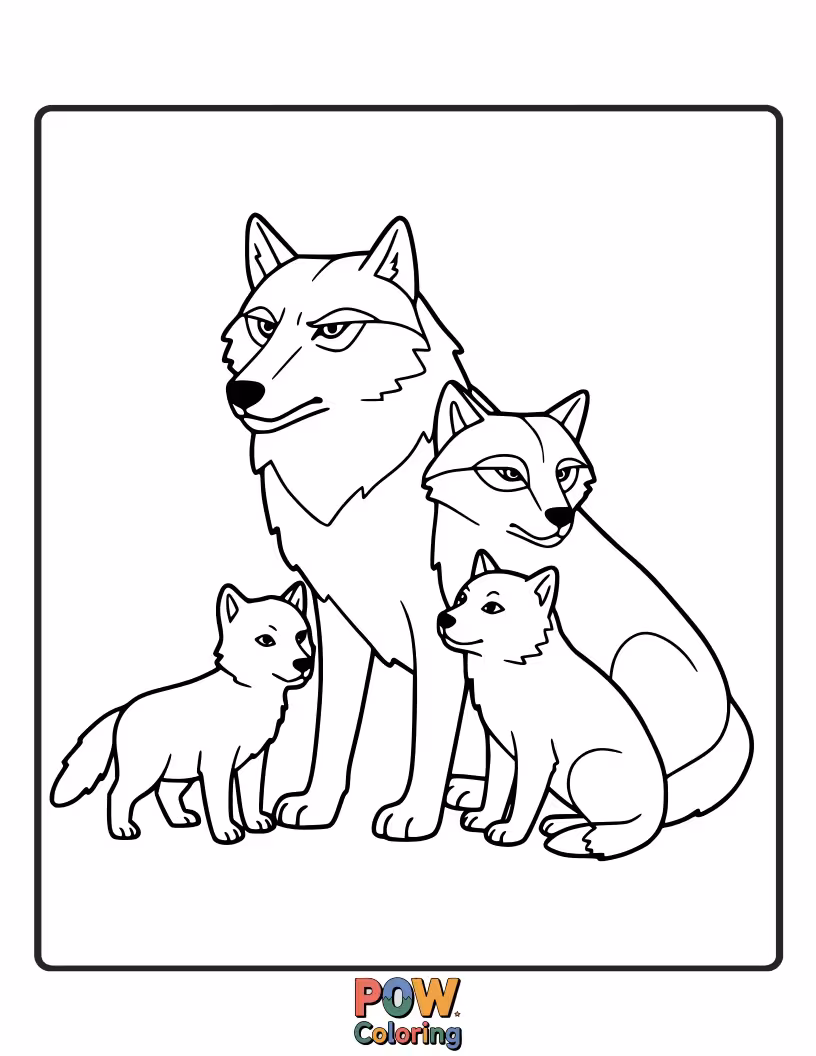 Free coloring page of A charming illustration of a wolf family posing together, ready to be brought to life with color.