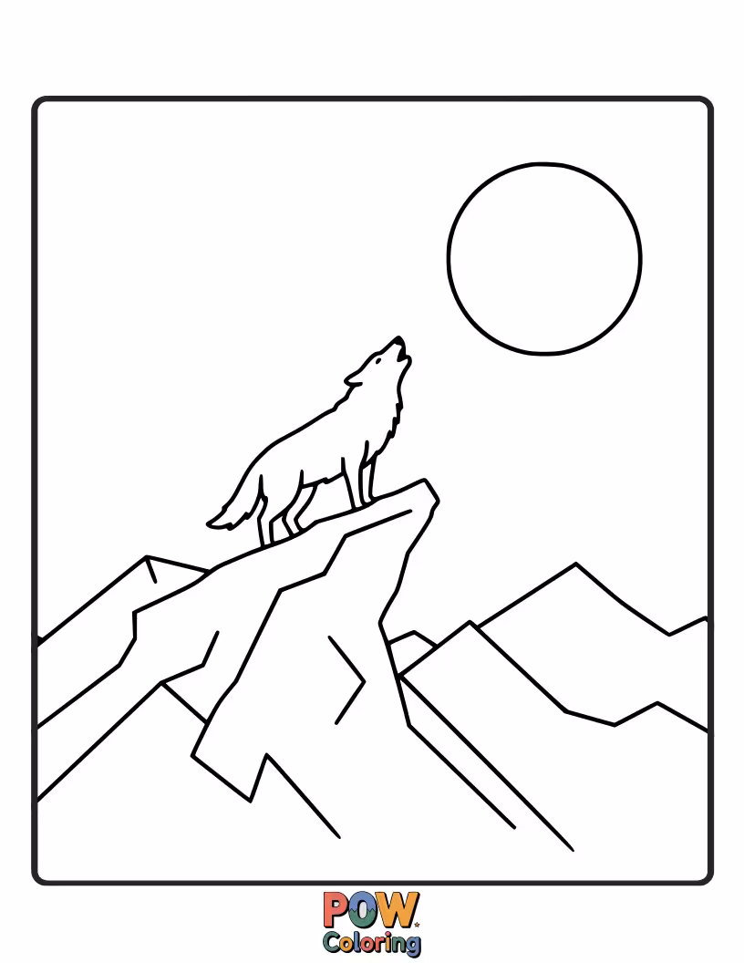 Free coloring page of A wolf perched on a mountain peak, its silhouette distinct against the dramatic sky.