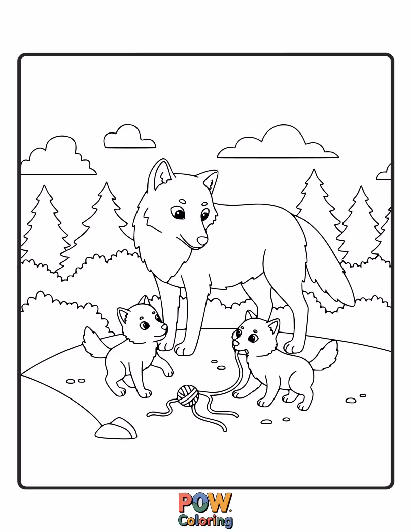 Free coloring page of A protective mother wolf watches over her sleeping cubs in their safe, warm den.