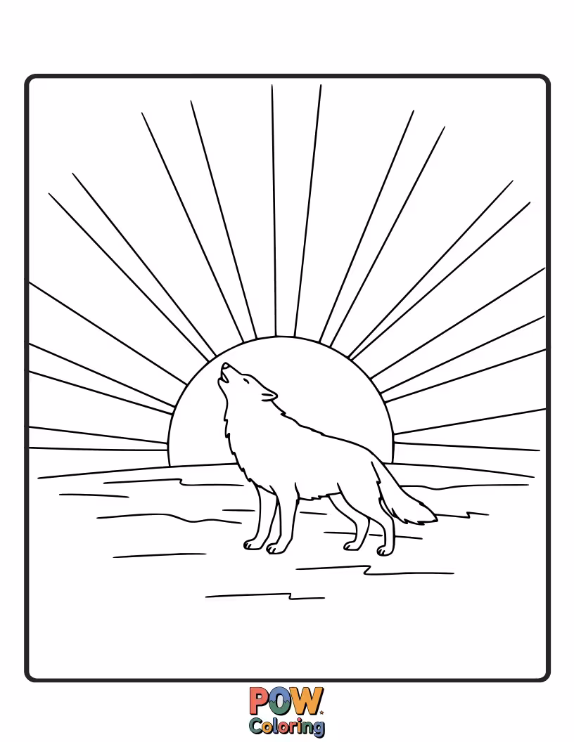 Free coloring page of A striking silhouette of a wolf against a breathtaking sunset, casting long shadows.