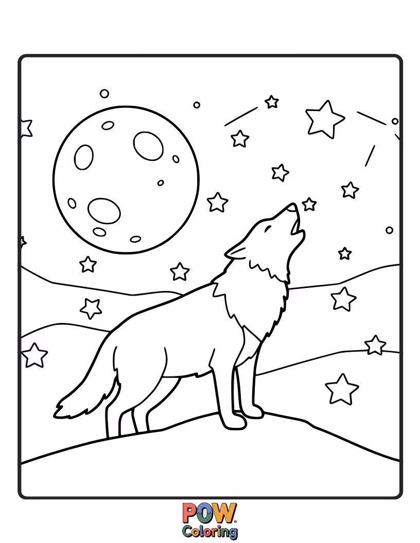 Free coloring page of A solitary wolf sits beneath a vast, starry night sky, inspiring wonder and imagination.