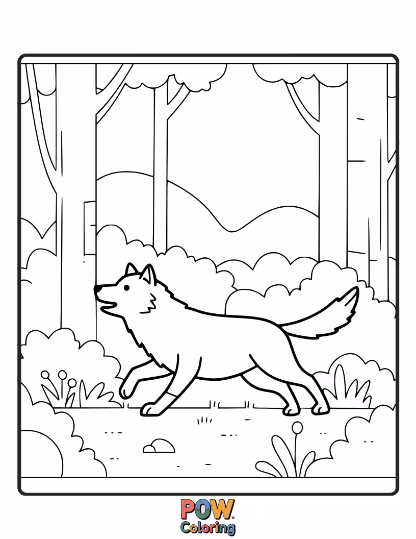 Free coloring page of A sleek wolf walks through a dense, enchanting forest filled with tall trees and dappled sunlight.