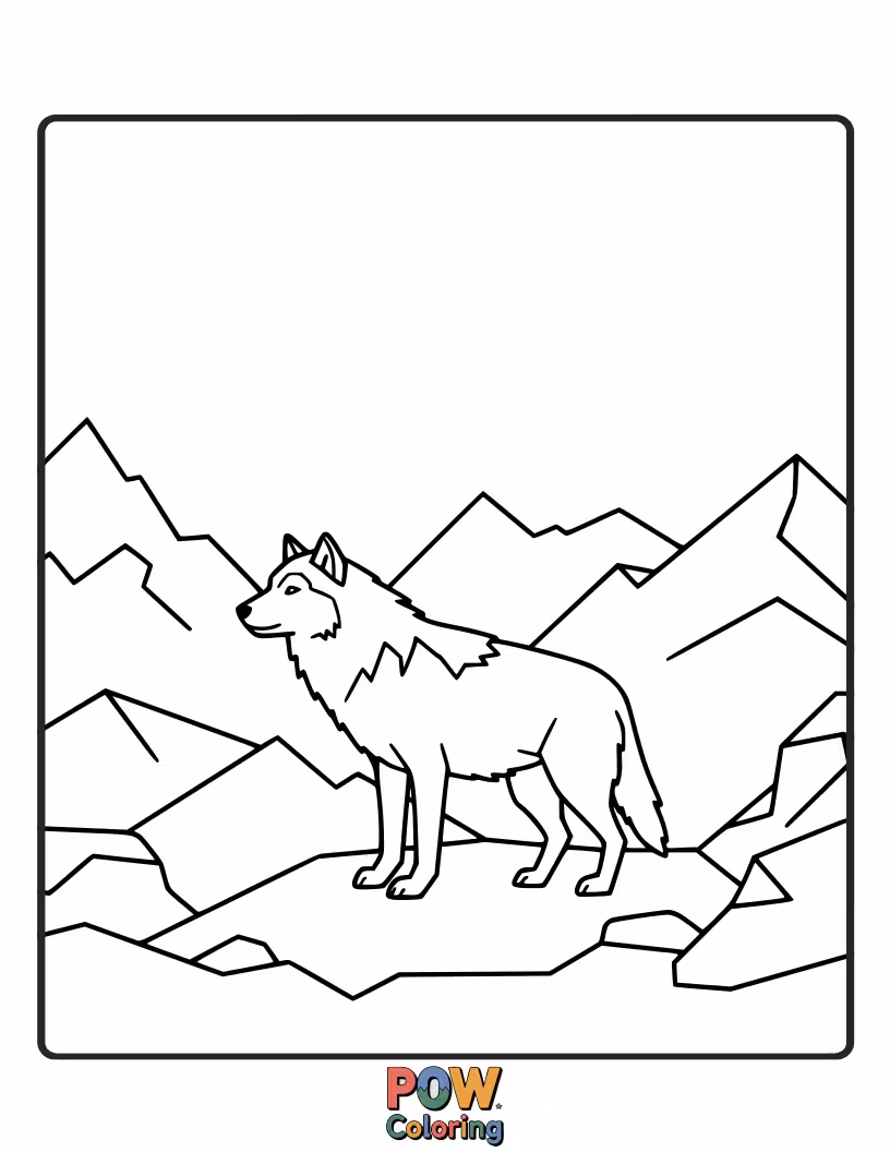 Free coloring page of A powerful wolf surveys its mountainous domain from a high peak, with rugged cliffs.
