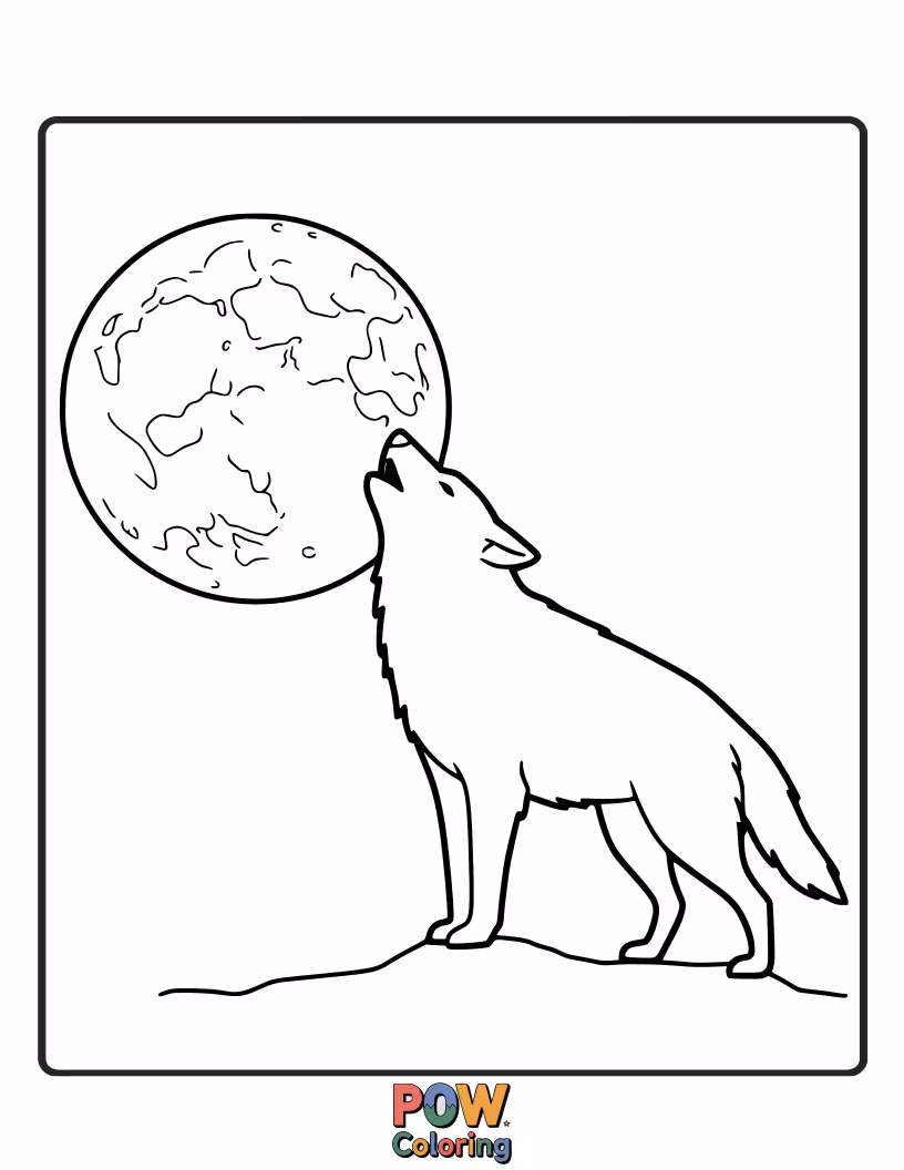 Free coloring page of A wolf sits serenely looking up at a large, beautiful moon, with a few stars.