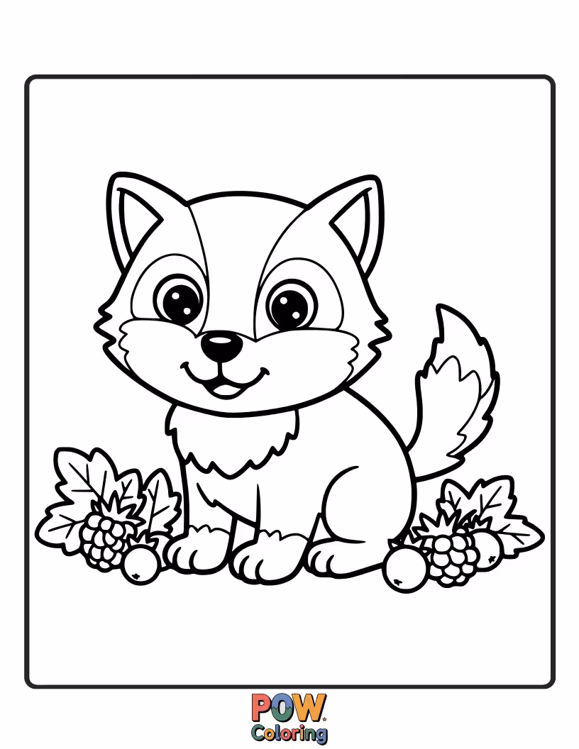 Free coloring page of A wolf gently nibbling on a bush laden with ripe berries in a forest clearing.