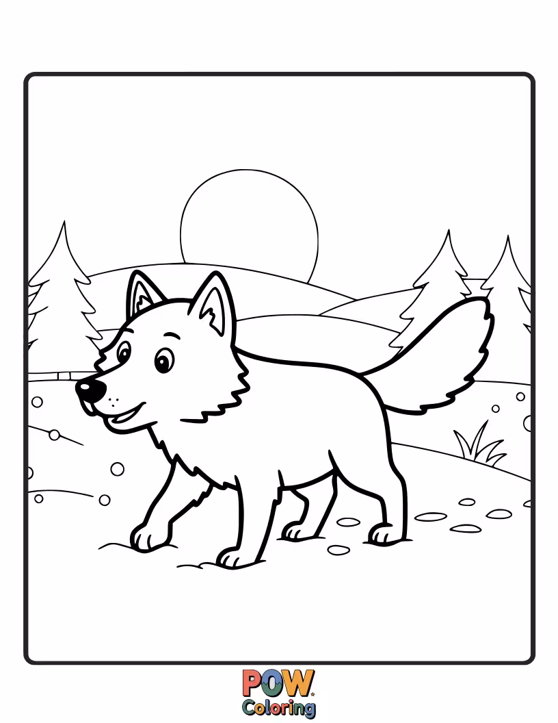 Free coloring page of A lone wolf navigates a serene winter landscape, surrounded by snow-covered trees and gentle flakes.