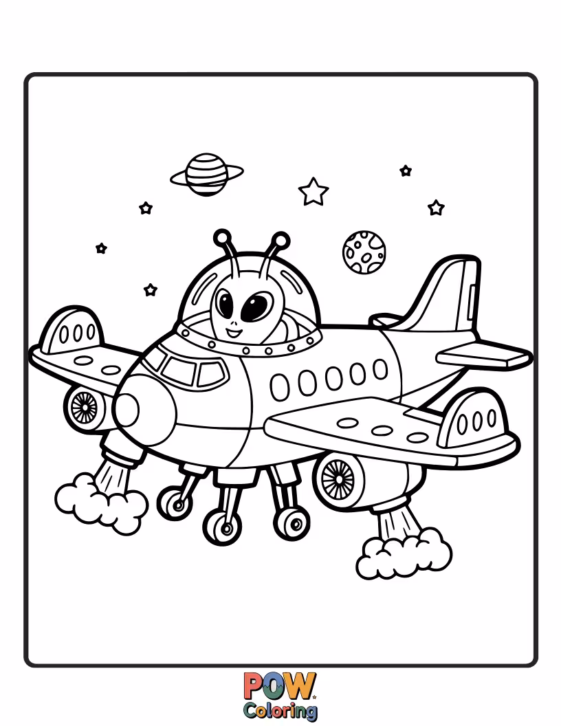 Free coloring page of A funny alien spaceship that looks remarkably like an airplane, with quirky antennae and a friendly visitor inside.