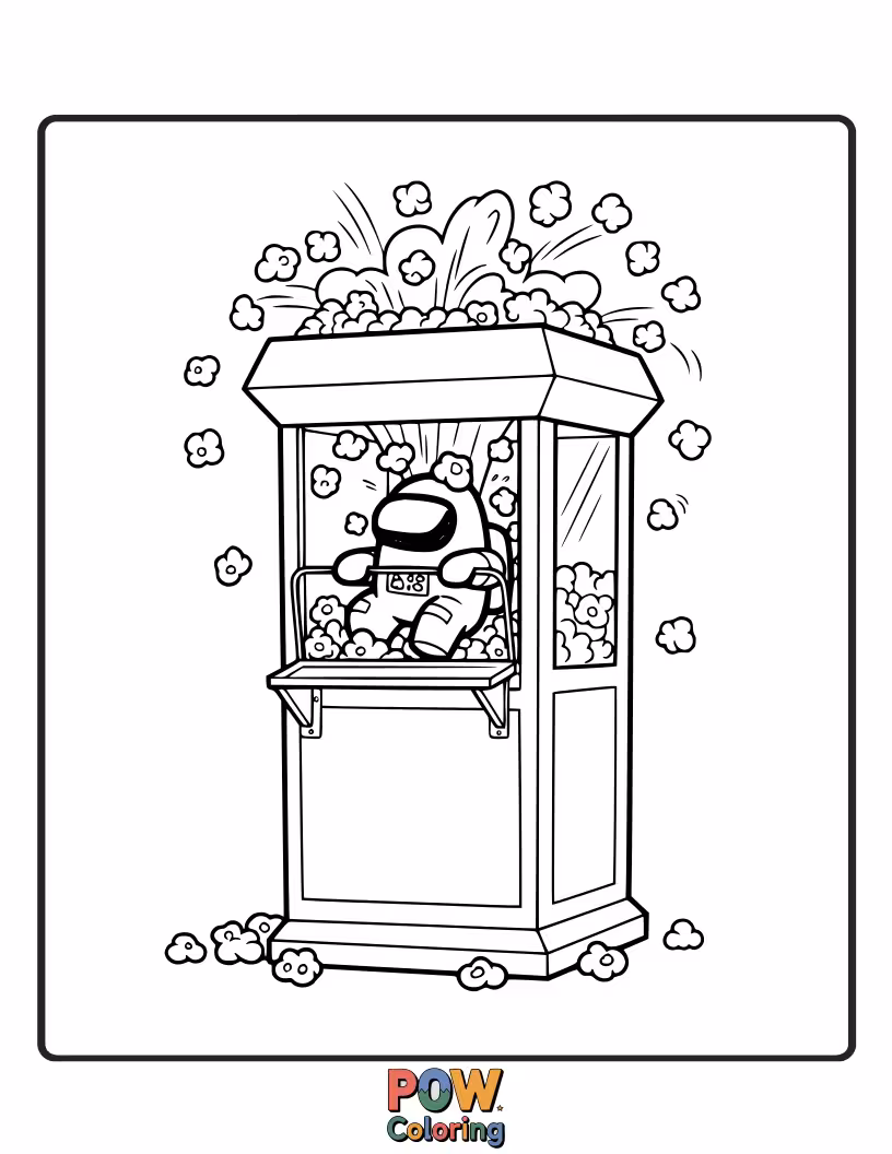 Free coloring page of A crewmate overwhelmed by a wildly exploding popcorn machine.