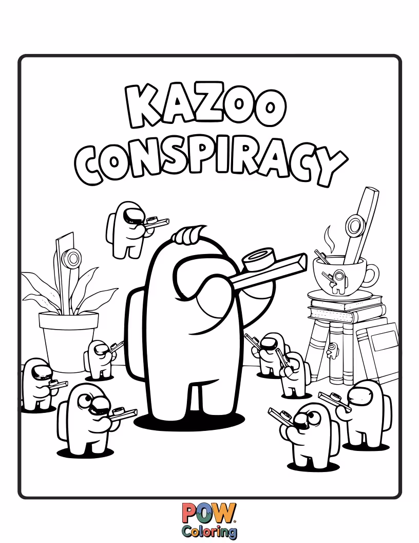 Free coloring page of A crewmate using a kazoo to dramatically explain a wild conspiracy theory.