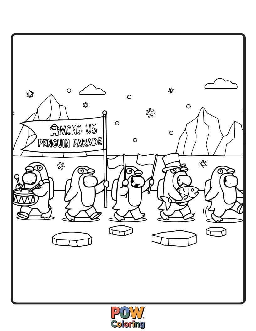Free coloring page of A line of crewmates dressed as penguins waddling through the ship.