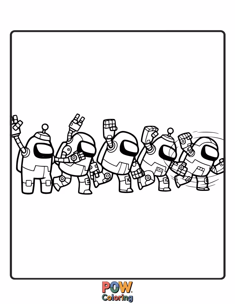 Free coloring page of Crewmates attempting a synchronized robot dance in a single file line.