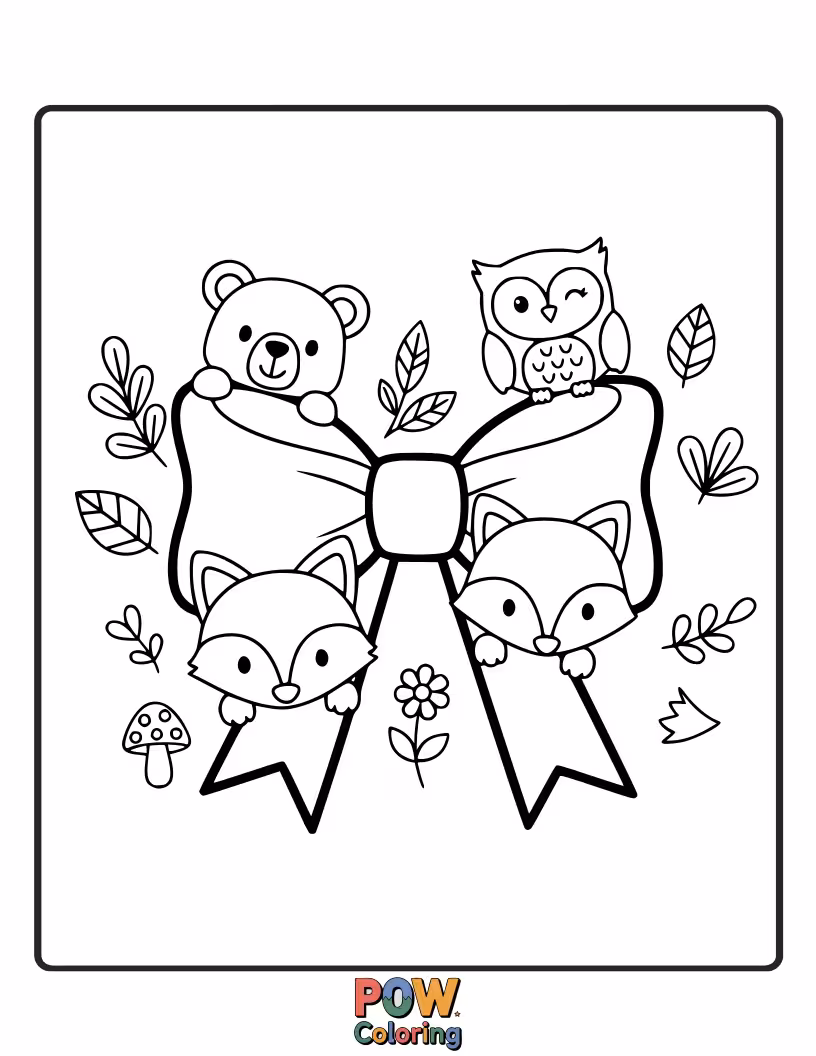 Free coloring page of An adorable bow featuring cute animal faces peeking out from behind playful ribbon loops, inviting jungle exploration.