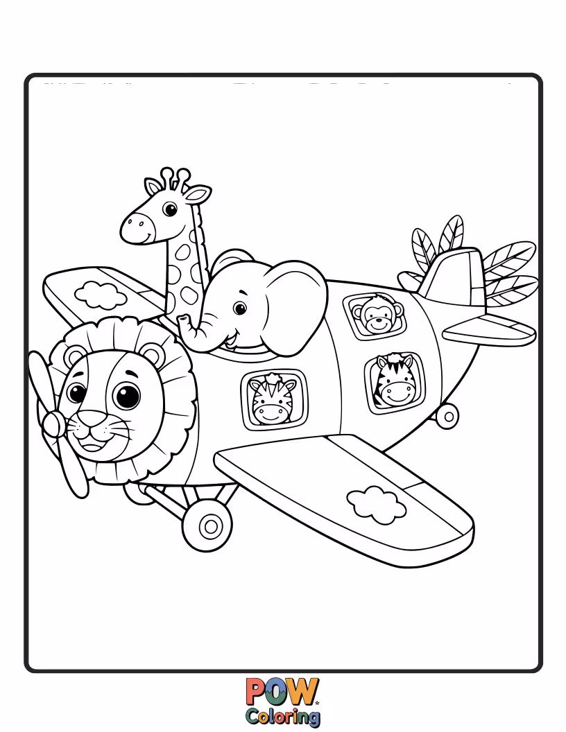 Free coloring page of An airplane with animal passengers peeking from every window, going on a safari adventure to distant lands.