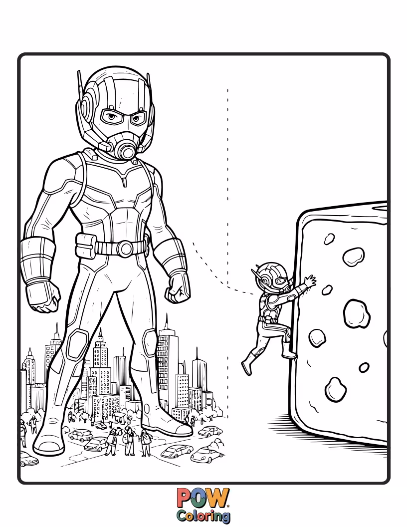 Free coloring page of Show Scott Lang shrinking and growing, interacting with everyday objects from a new perspective.