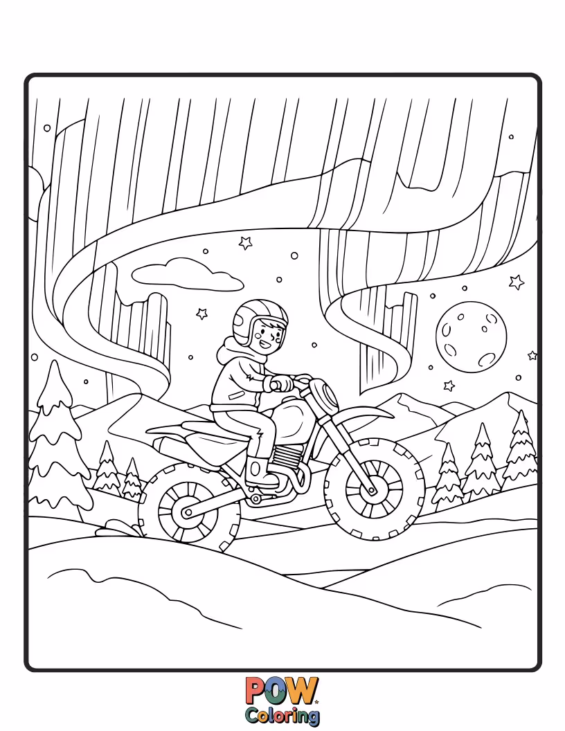 Free coloring page of A dirt bike riding beneath the mesmerizing glow of the Northern Lights in a snowy landscape.