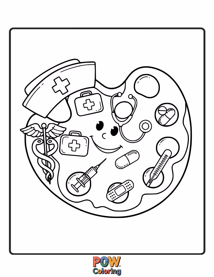 Free coloring page of A creative nurse holding a paintbrush stethoscope, adding colorful strokes of health and happiness to her patients.