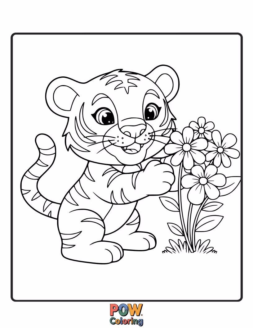 Free coloring page of A sweet baby tiger sniffing a giant, colorful jungle flower with a delighted expression. Blooming with cuteness!