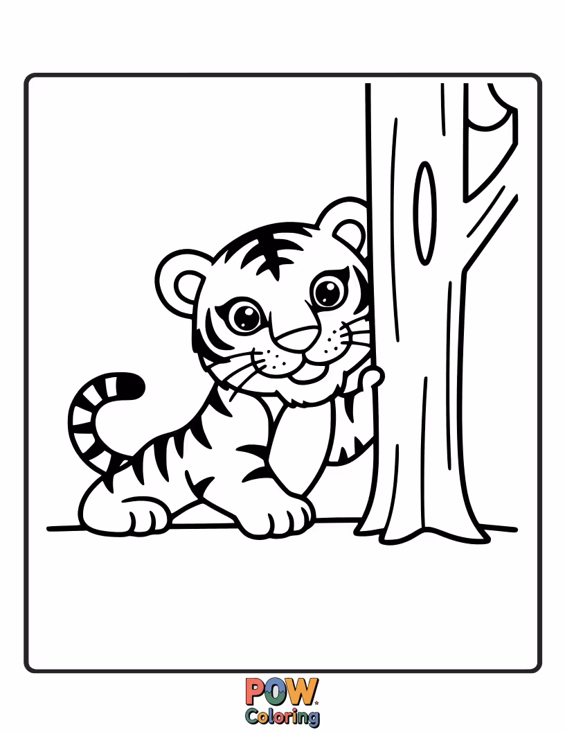Free coloring page of A mischievous baby tiger peeking from behind a large jungle plant, ready for a fun game. Can you find me?