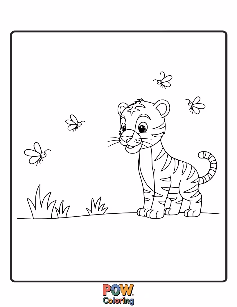 Free coloring page of A magical scene of a baby tiger watching glowing fireflies dance around it in the twilight jungle. Enchanting glow.