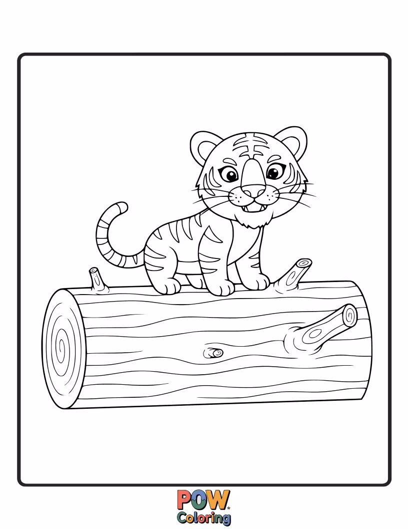 Free coloring page of A brave little tiger balancing precariously on a fallen log, exploring its vast jungle world. Adventure awaits!