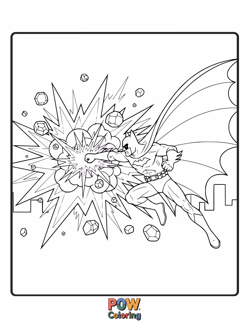 Free coloring page of Batman engaged in a chaotic battle with multiple villains amidst explosions.