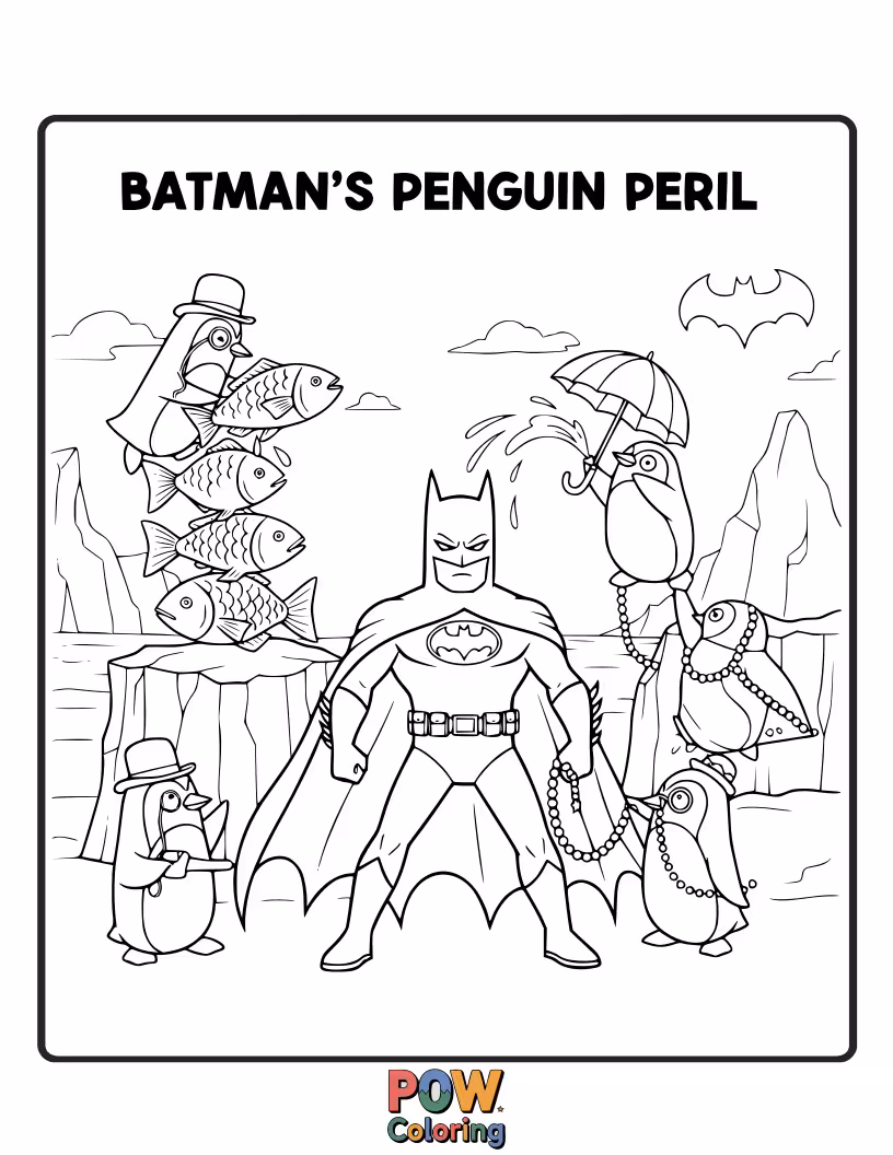 Free coloring page of Batman evading the Penguin's umbrella attacks amidst a stormy Gotham alley.