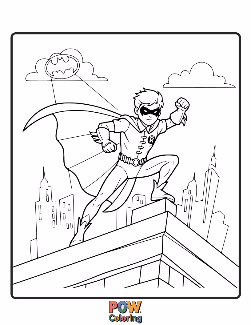 Free coloring page of Batman teaming up with his trusty sidekick, Robin, ready for action.
