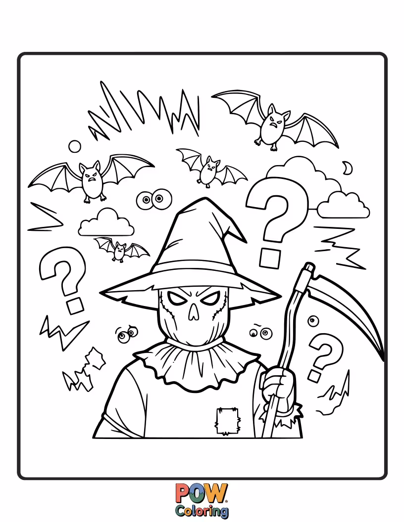 Free coloring page of Batman bravely facing the Scarecrow's fear gas, represented by swirling, terrifying images.