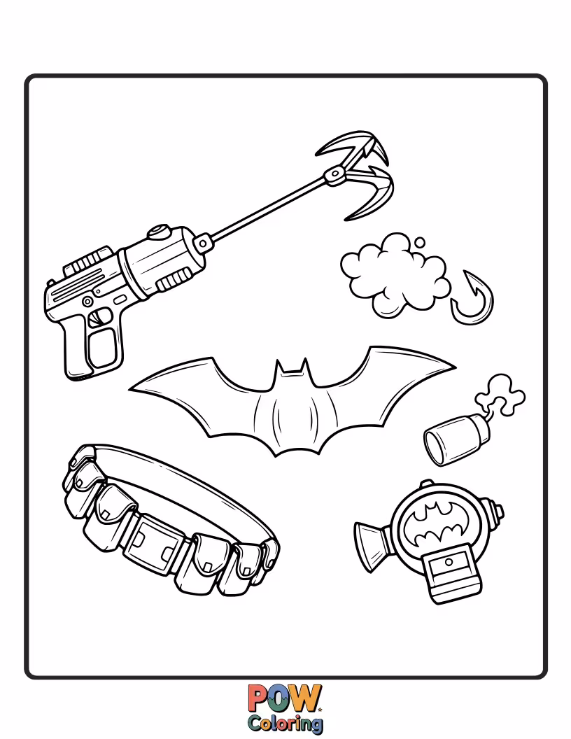 Free coloring page of A close-up of Batman's utility belt, showcasing his various high-tech gadgets.