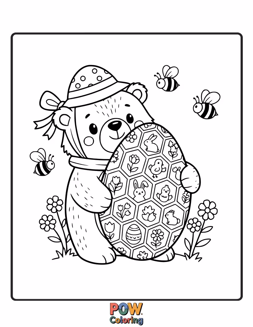 Free coloring page of A cuddly bear cub discovering a honeycomb filled with sweet, honey-colored Easter eggs.