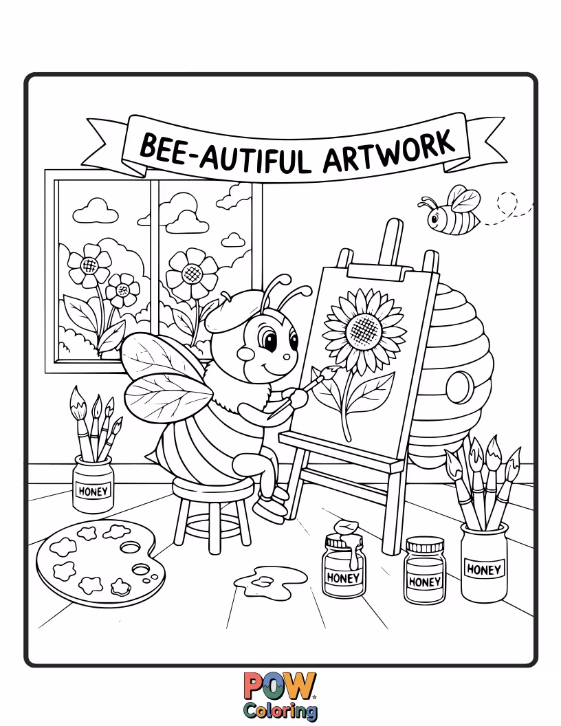 Free coloring page of A bee painting a masterpiece on a giant leaf, surrounded by colorful paints.