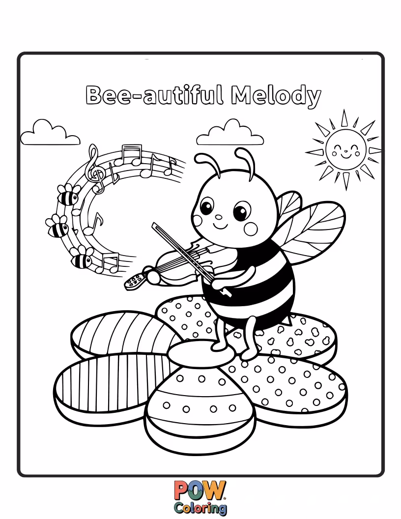 Free coloring page of A bee playing a tiny violin among wildflowers, composing a sweet, buzzy tune.