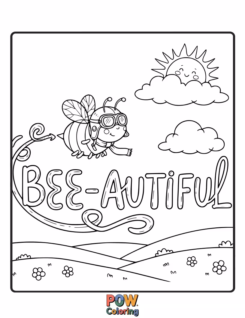 Free coloring page of A bee drawing shapes in the sky with a trail of pollen.