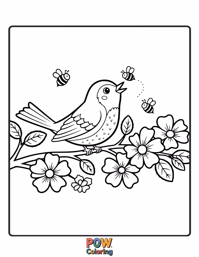 Free coloring page of A bee perched on a branch, singing a cheerful song to the morning sun.