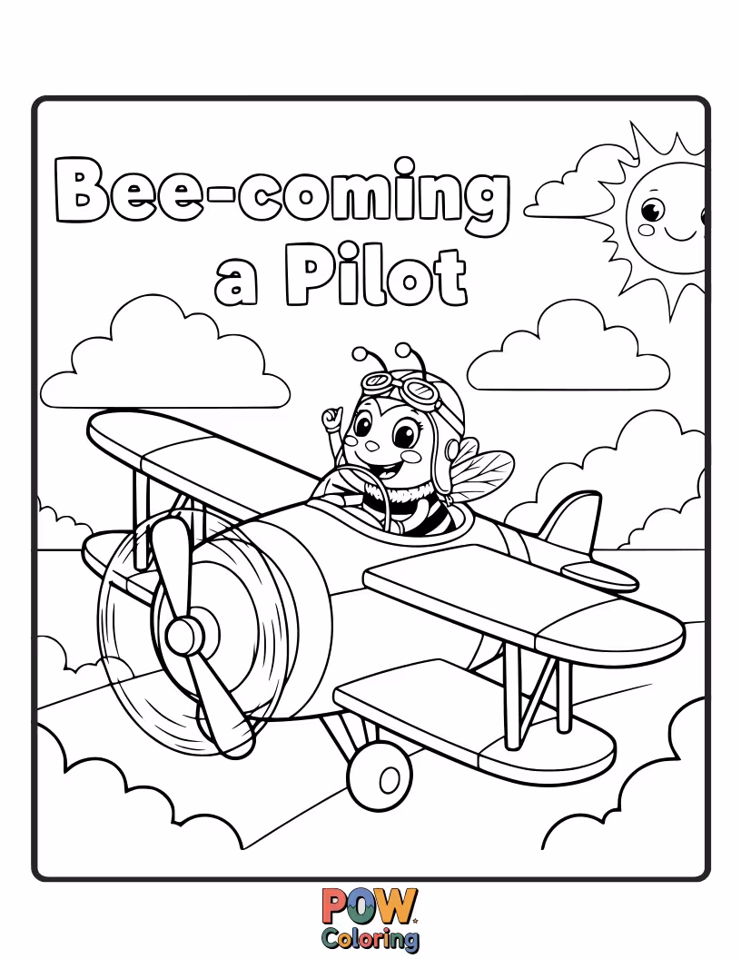 Free coloring page of A bee dressed as a pilot, ready to fly its acorn airplane.