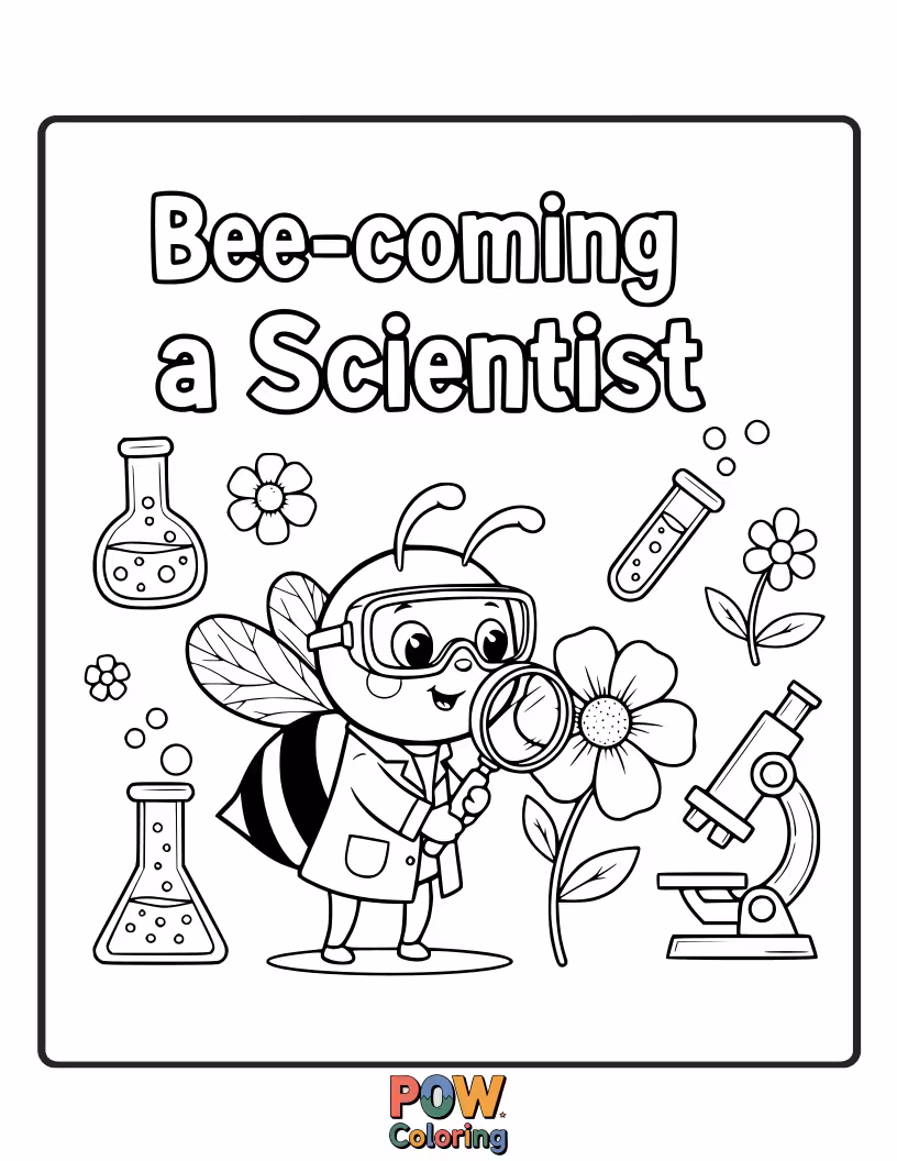 Free coloring page of A bee in a lab coat, examining a dewdrop under a magnifying glass.