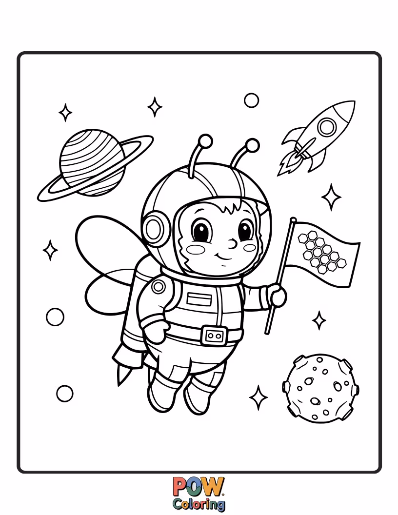 Free coloring page of A bee in a tiny spacesuit, floating among planets and stars.
