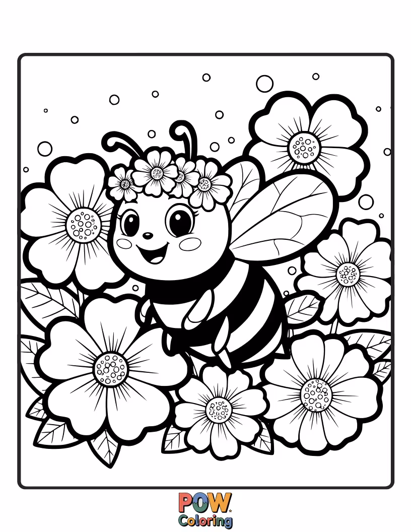 Free coloring page of A bee surrounded by sparkling flowers, its eyes wide with wonder.
