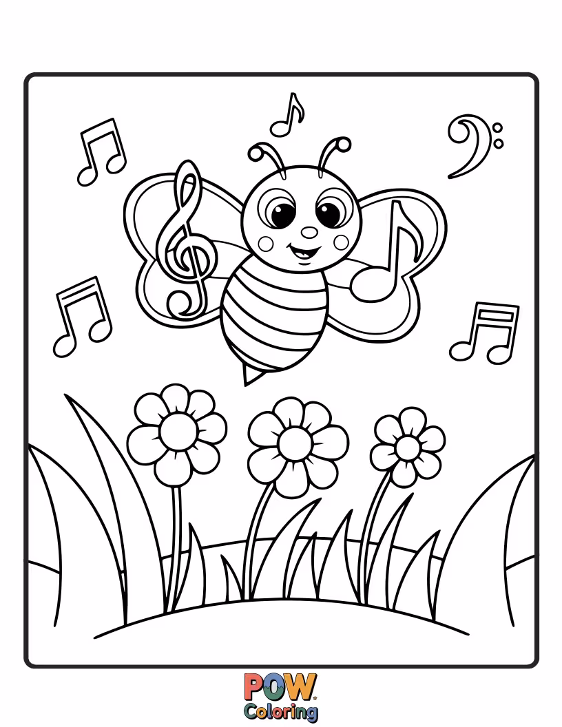 Free coloring page of A bee dancing joyfully around floating music notes, a celebration of sound.