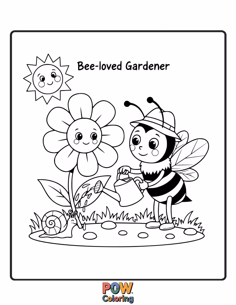Free coloring page of A bee tending to a miniature garden, watering tiny plants with a dewdrop.