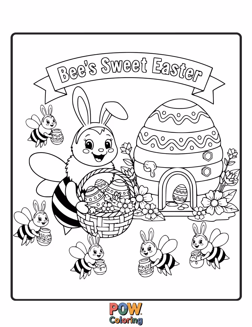 Free coloring page of A busy bee collecting nectar from flowers, finding a tiny, buzzing Easter egg.