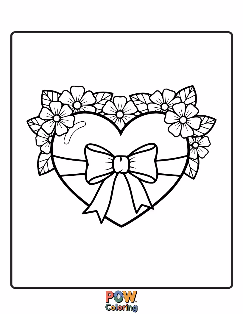 Free coloring page of A romantic bow crafted from interwoven heart shapes and delicate rose petals, perfect for expressing love and affection.