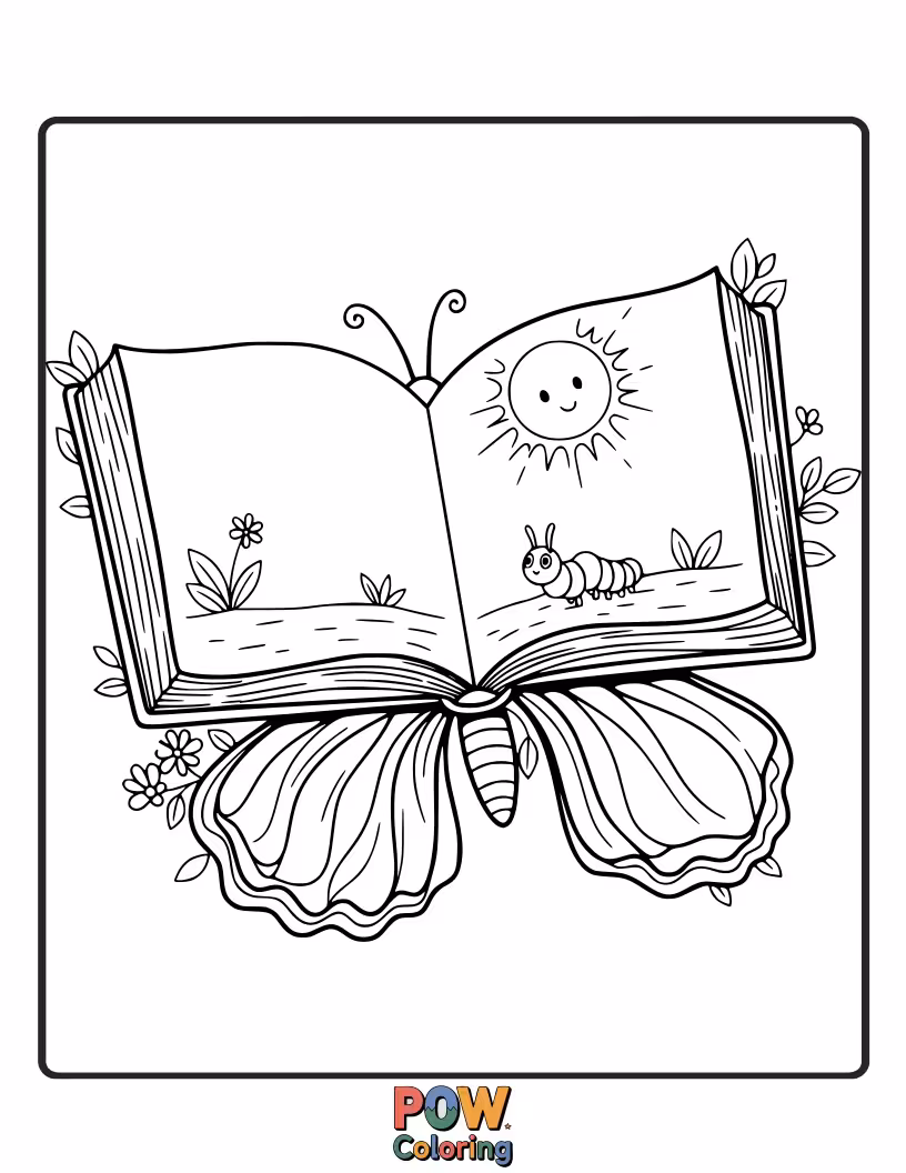 Free coloring page of A literary butterfly with wings made of folded book pages, sharing exciting tales with a curious squirrel.