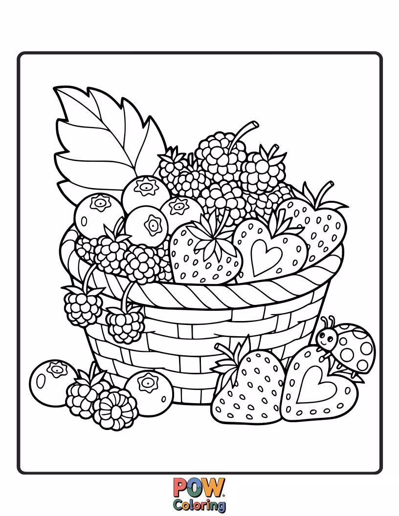 Free coloring page of A woven basket brimming with plump, juicy berries and a few festive autumn leaves. Simple, sweet abundance.