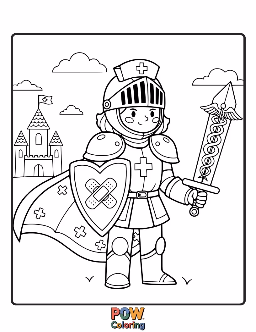 Free coloring page of A courageous knightly nurse in shining armor, wielding a sword-like thermometer to vanquish sickness.